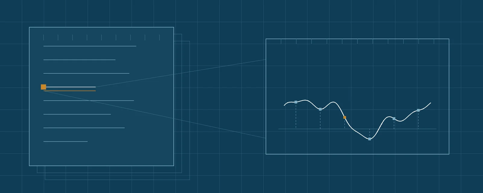 Composição técnica em azul: um documento com linhas de conteúdo abstratas e uma região destacada em âmbar, ligada por linhas de chamada a uma prancha de exame ampliado, onde um traçado é medido por pontos de aferição sobre uma linha de base.